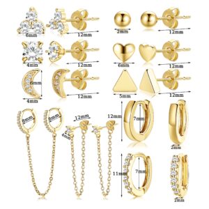 10 Pairs 14K Gold Plated Studs Earrings and Hoops Set for Women, Hypoallergenic Small Dainty Minimalist Chain Hoop CZ Ball Earrings Sets for Multiple Piercing. (1-GOLD)