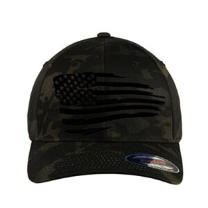 The Blackout American Flag 6277 Flexfit hat - Custom Embroidered Black USA flag flex-fitted baseball hat (L/XL, Multicam Black Camo)