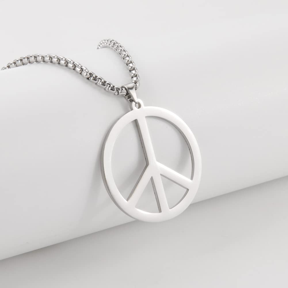 VASSAGO Hippie Style Peace Sign Necklace Peace Sign Pendant Necklace Peace Symbol Jewelry Stainless Steel 1960s 1970s Hippie Party Dressing Accessories Necklaces for Men Women (Stainless Steel Color)