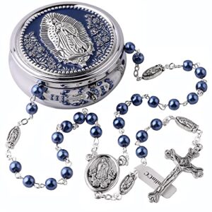 hanlincc 6mm glass pearl beads catholic our lady of guadalupe rosary necklace for women and men with metal gift box (guadalupe rosary blue, zinc alloy)