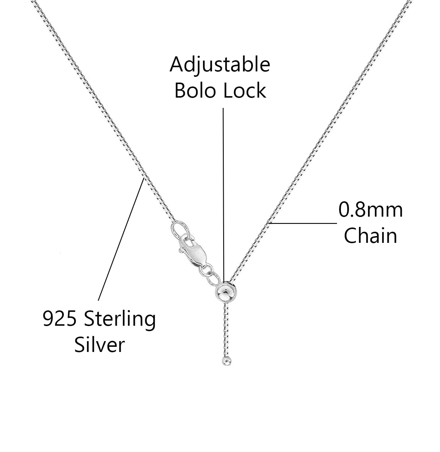 Savlano 925 Sterling Silver Solid 0.8mm Box Adjustable Bolo 14-24 Inch Chain Necklace For Women - Made in Italy Comes With a Gift Box (White)