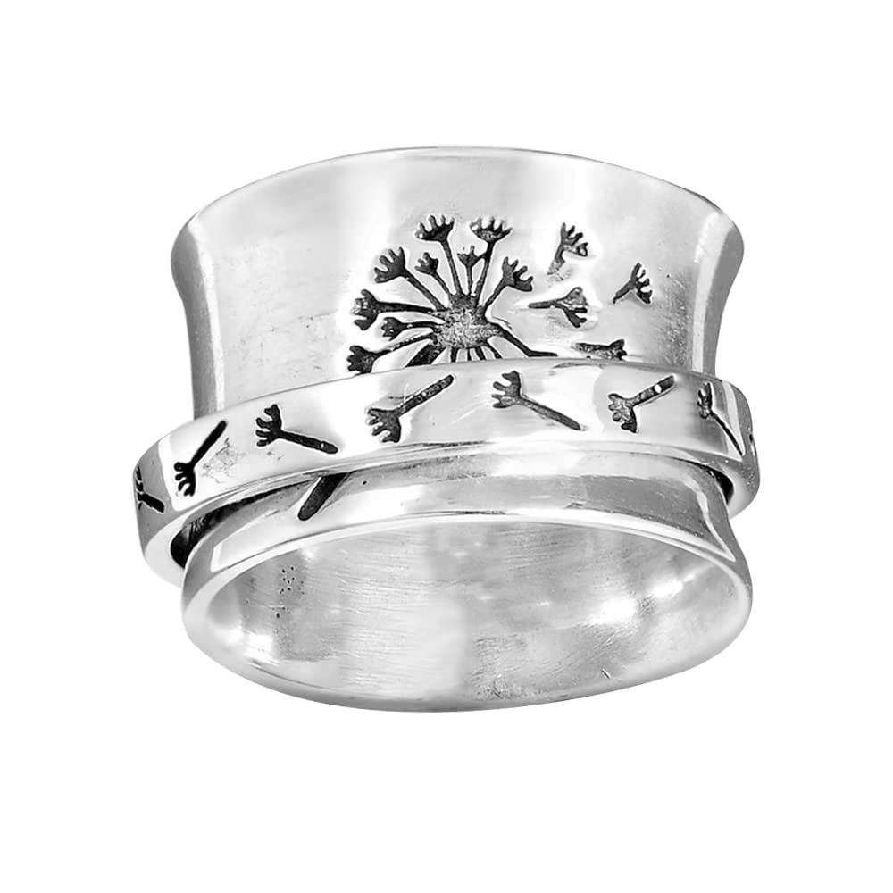 Dandelion Flower Spinner Ring for Women Men Anti Anxiety Fidget Rotate Freely Inspirations Stress Relief Meditation Stacking Middle Finger Band Fashion Vintage Statement Spin Ring Personalized Jewelry Gifts Bff Birthday (9)