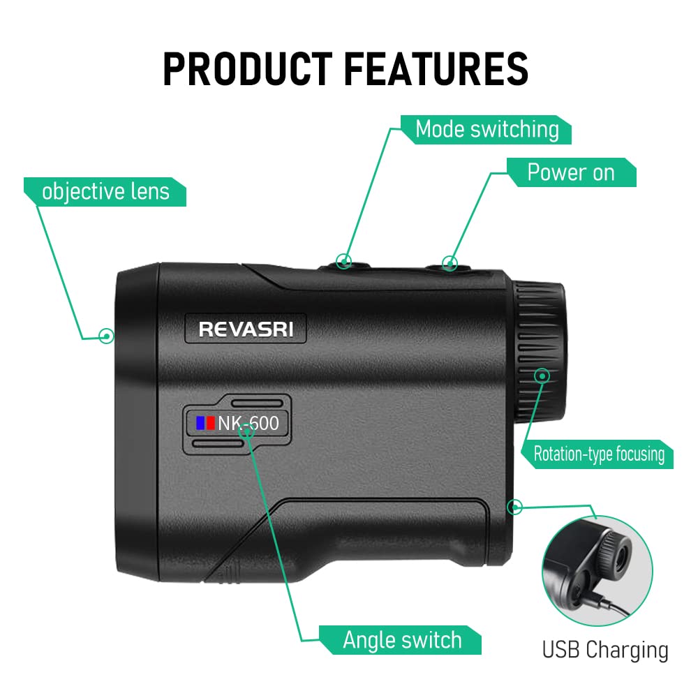 REVASRI Golf/Hunting Rangefinder with Slope, Pin Lock Vibration and Slope Switch, 650 Yards Vertical Horizontal Distance and Scan, Laser Range Finder for Golfing Hunting, USB-C Charge