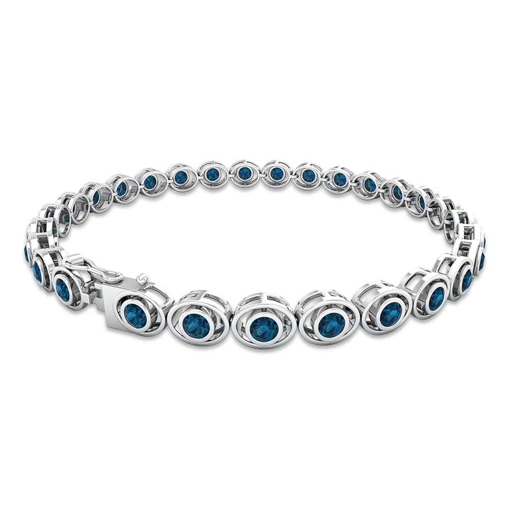 Certified London Blue Topaz Tennis Bracelet For Women, AAA Quality, December Birthstone Bracelet, 14K White Gold, 6.5 inches