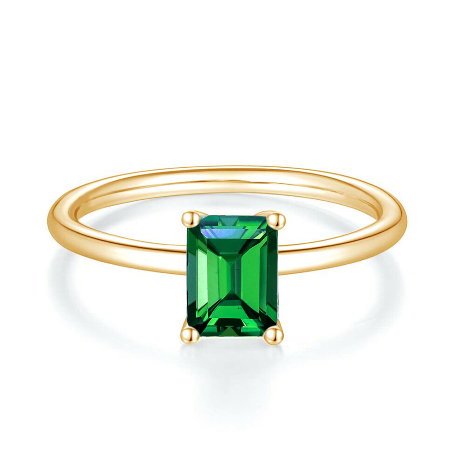 AFFY 6x8MM Emerald Cut Simulated Green Emerald Solitaire Ring in 14K Yellow Gold Over Sterling Silver (2.50 Carat) Ring Size-7