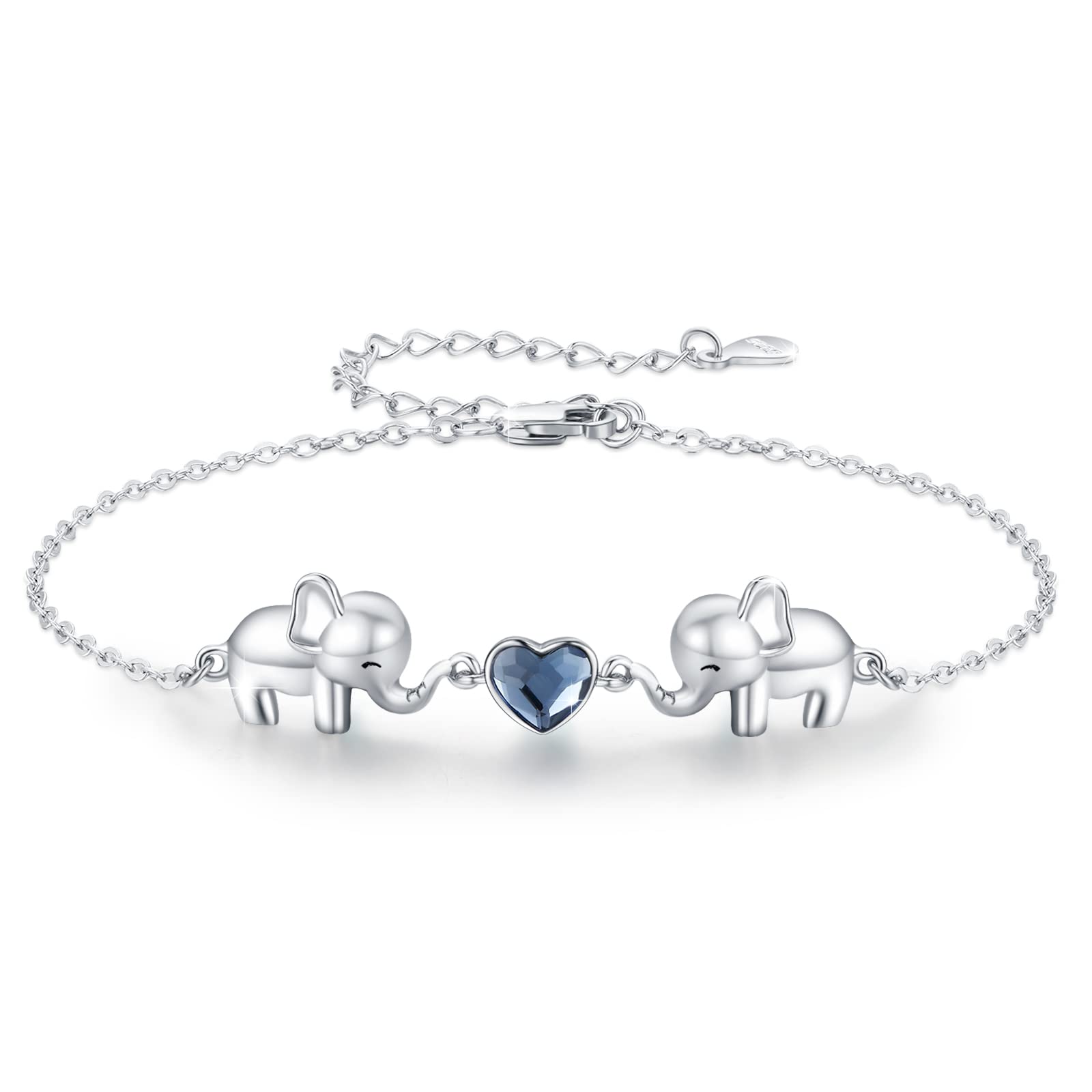 CUOKA MIRACLE Elephants Bracelet 925 Sterling Silver Elephants Hearth Crystal Adjustable Bracelets Cute Animal Bracelet Heart Adjustable Bracelet Jewelry Gifts for Women Mom Best Friend