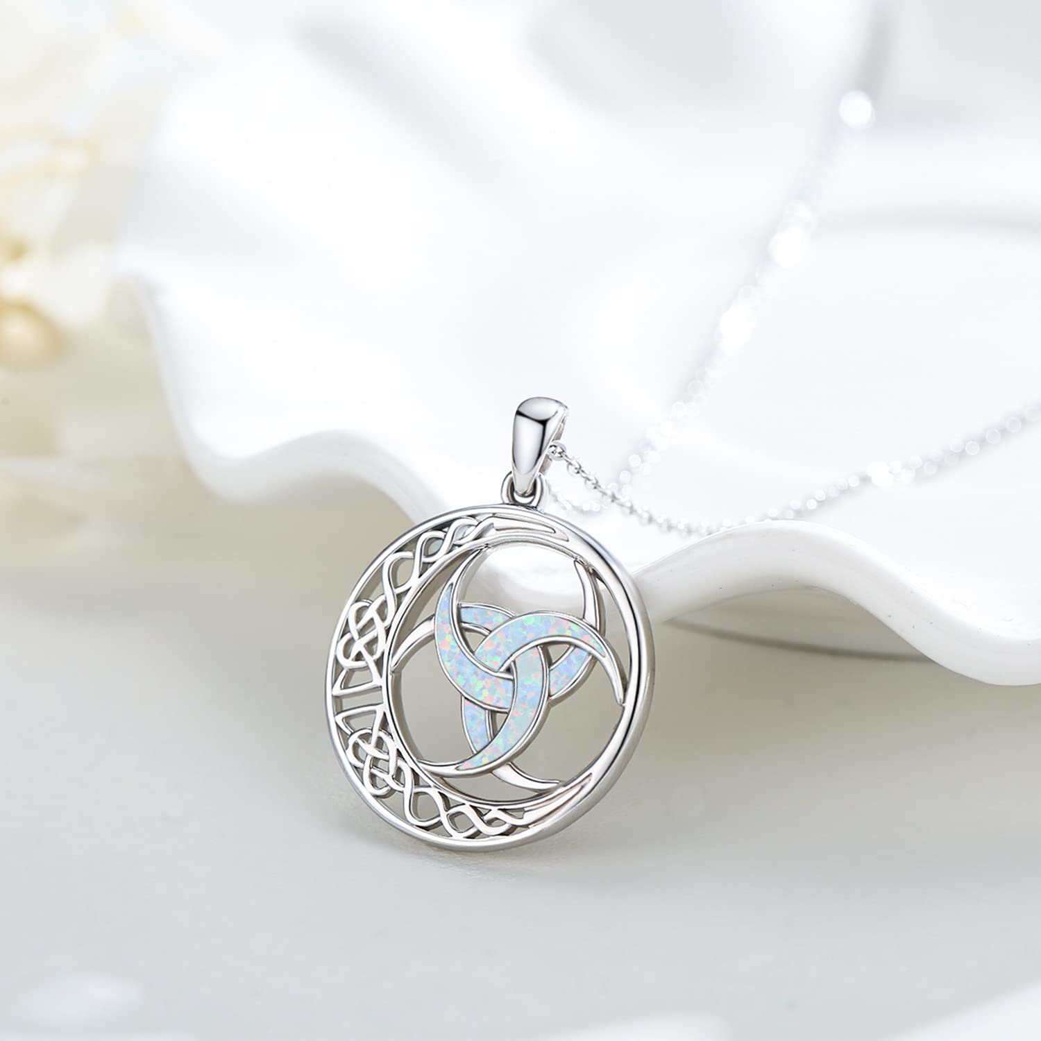 Midir&Etain Celtic Necklace for Women 925 Sterling Silver Celtic Moon Necklace Norse Mythology White Opal Pendant Necklace Crescent Triple Horn of Odin Necklaces Amulet Jewelry Gifts