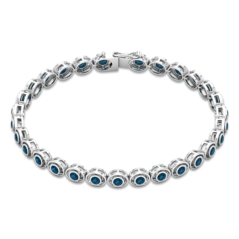 Certified London Blue Topaz Tennis Bracelet For Women, AAA Quality, December Birthstone Bracelet, 14K White Gold, 6.5 inches