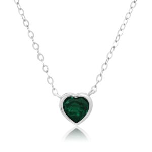 MAX + STONE Solid 14k White Gold Created Green Emerald Bezel Set Heart Pendant Necklace for Women with Spring Ring Clasp 5mm February Birthstone Necklace