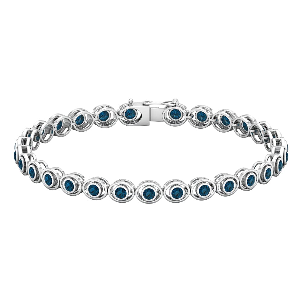 Certified London Blue Topaz Tennis Bracelet For Women, AAA Quality, December Birthstone Bracelet, 14K White Gold, 6.5 inches