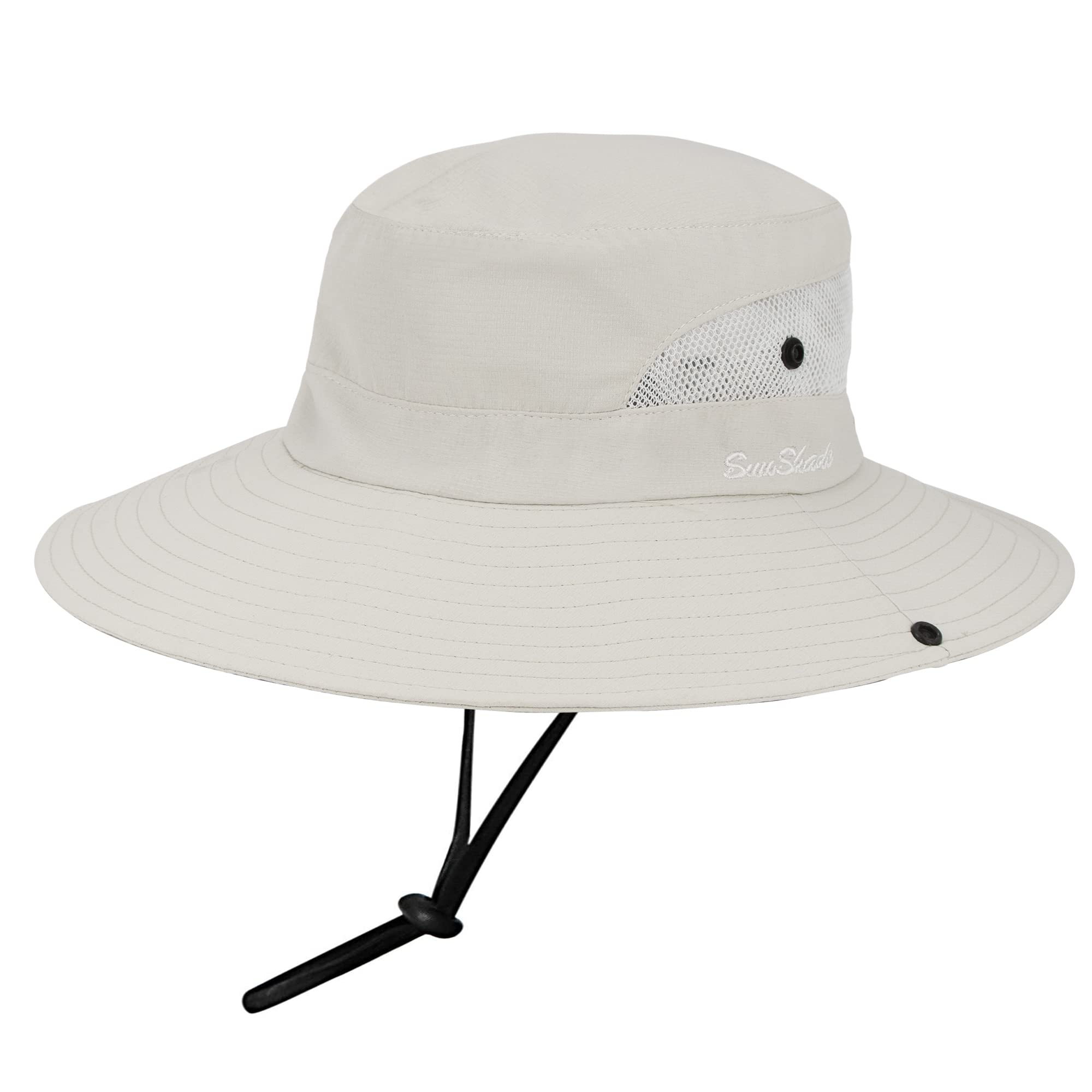 Women's Outdoor UV-Protection-Foldable Sun-Hats Mesh Wide-Brim Beach Fishing Hat with Ponytail-Hole (Beige)