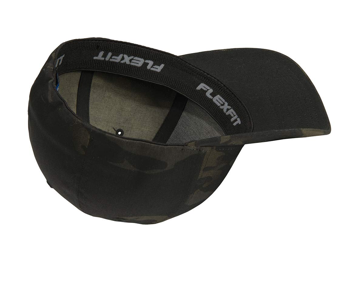 The Blackout American Flag 6277 Flexfit hat - Custom Embroidered Black USA flag flex-fitted baseball hat (S/M, Multicam Black Camo)