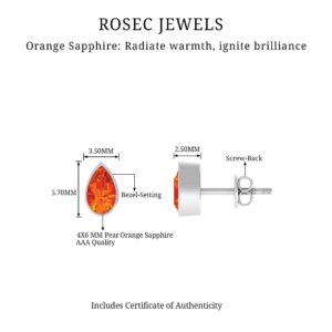 Natural 4X6mm Pear Shape Orange Sapphire Stud Earrings, AAA Quality, Orange Sapphire Solitaire Earrings - Ready to Gift, 14K White Gold