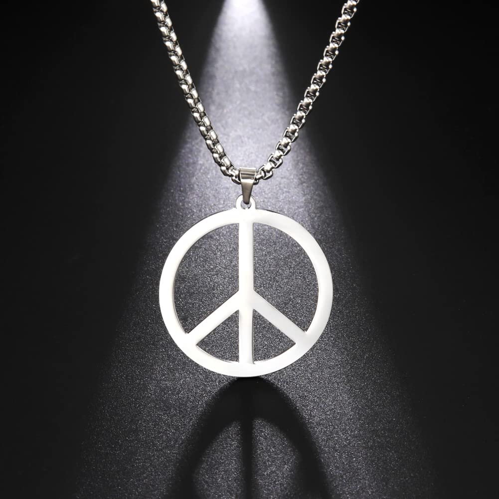 VASSAGO Hippie Style Peace Sign Necklace Peace Sign Pendant Necklace Peace Symbol Jewelry Stainless Steel 1960s 1970s Hippie Party Dressing Accessories Necklaces for Men Women (Stainless Steel Color)