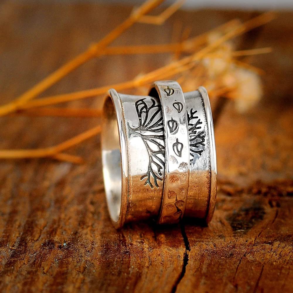 Tree of Life Spinner Ring for Women Girls Men Anti Anxiety Fidget Rotate Freely Inspirations Stress Relief Meditation Stacking Middle Finger Wide Band Fashion Vintage Leaves Statement Spin Ring Personalized Jewelry Gifts Bff Valentine's Day Birthday (9)