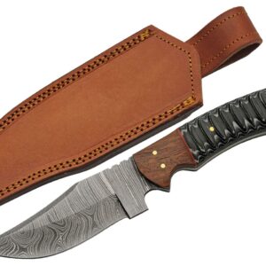 SZCO Supplies DM-1325 Combination Wood Handle Damascus Steel Outdoor Hunting Knife with Leather Sheath, 9.25" Length