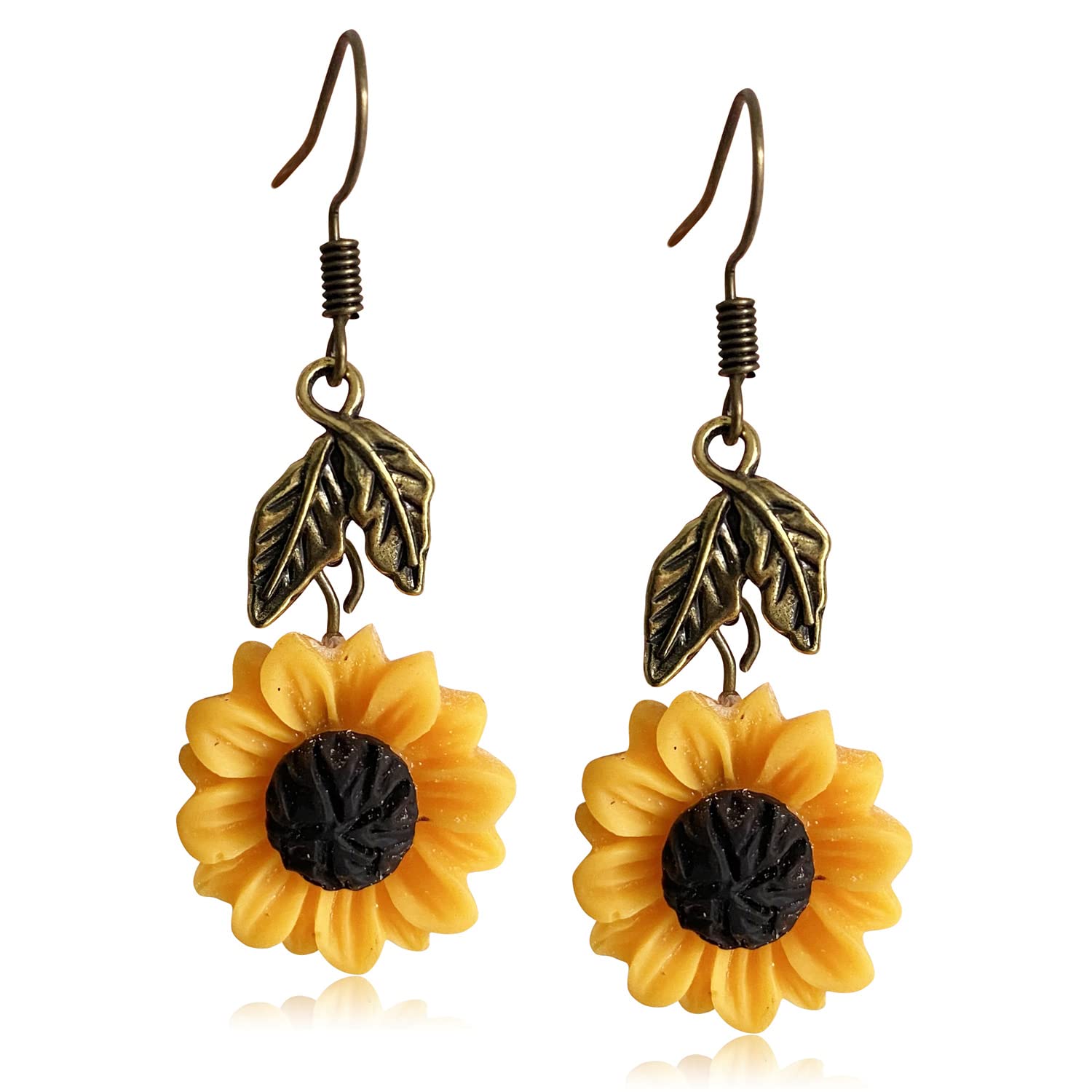 JIUIQL Handmade Resin 3D Sunflower Daisy Flower Dangle Drop Earrings Vintage Silver Leaf Bohemian Little Daisy Flower Hook Earring for Women Cute Elegant Summer Boho Jewelry (Vintage Gold)