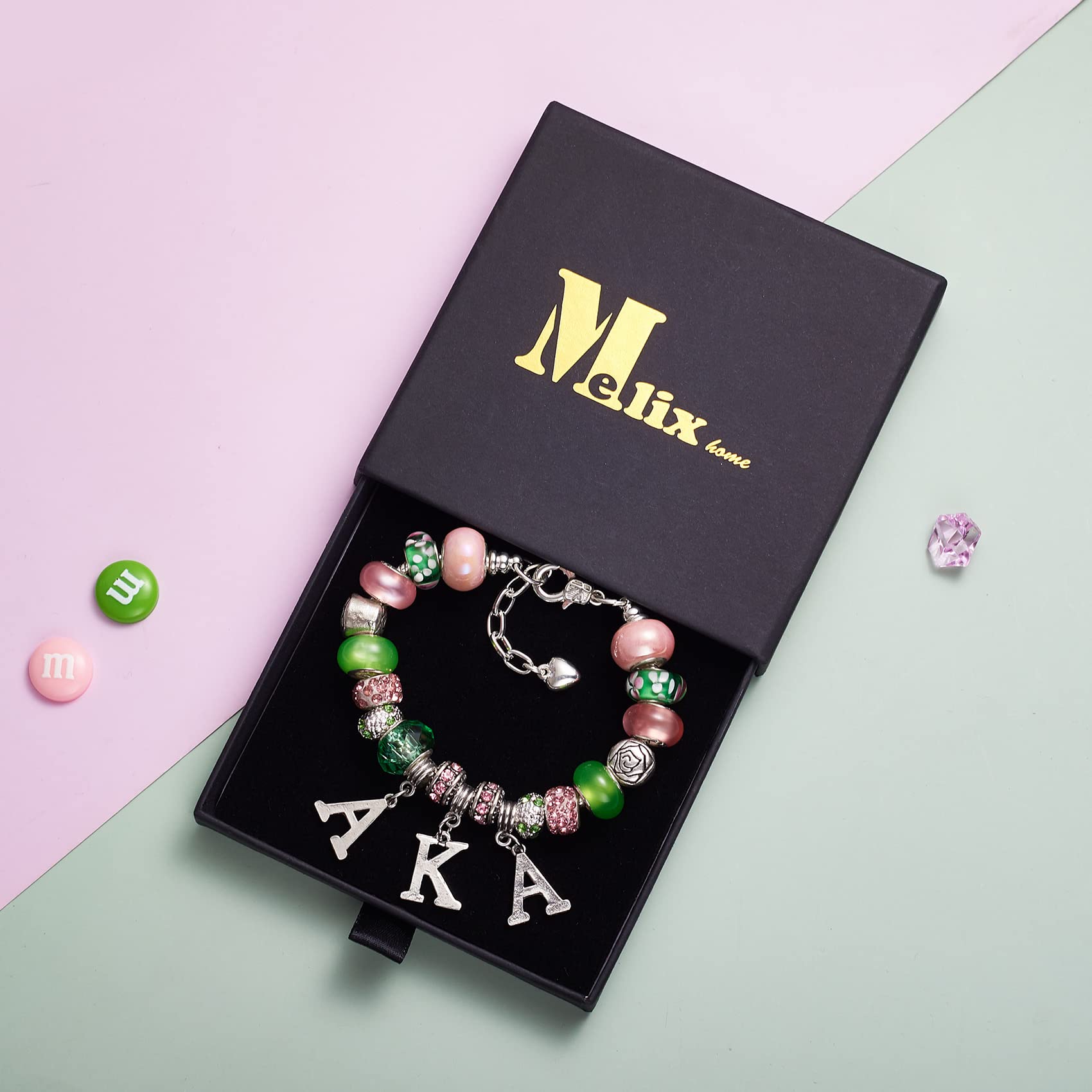 Melix Home Sorority Gifts for Women Paraphernalia Sorority Bracelet Pink and Green Jewelry Greek Crystal Charm