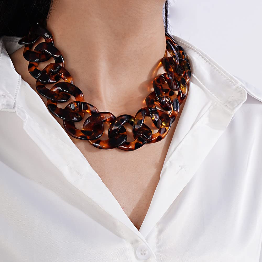 Jumwrit Acrylic Necklace Tortoise Link Necklace Cuban Chain Necklace Leopard Print Necklace Punk Chain Choker Necklace for Women Girls Accessory