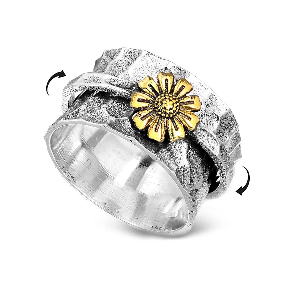 Daisy Flower Spinner Ring for Women Girls Men Anti Anxiety Fidget Rotate Freely Inspirations Stress Relief Meditation Stacking Middle Finger Wide Band Fashion Vintage Sunflower Statement Spin Ring Personalized Jewelry Gifts Bff Birthday (7)