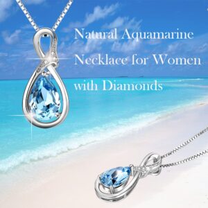 CTIEIP Diamond and Natural Aquamarine Sterling Silver Teardrop Necklace, Hypoallergenic Necklace, Anniversary Birthday Diamond Aquamarine Jewelry Gifts for Women,Gift for Mom