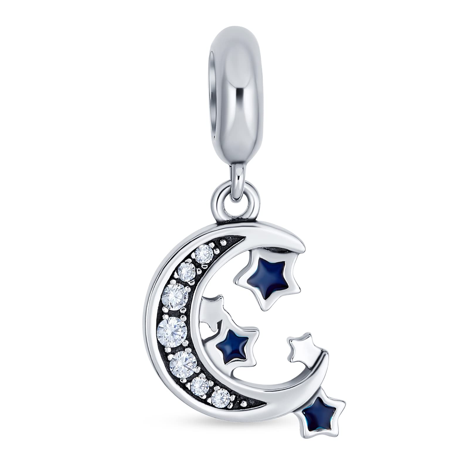 Celestial Cosmic Heavenly Twinkle Stary Night Crescent Moon Star Dangle Charm Bead For Women Teen .925 Sterling Silver Fits European Bracelet