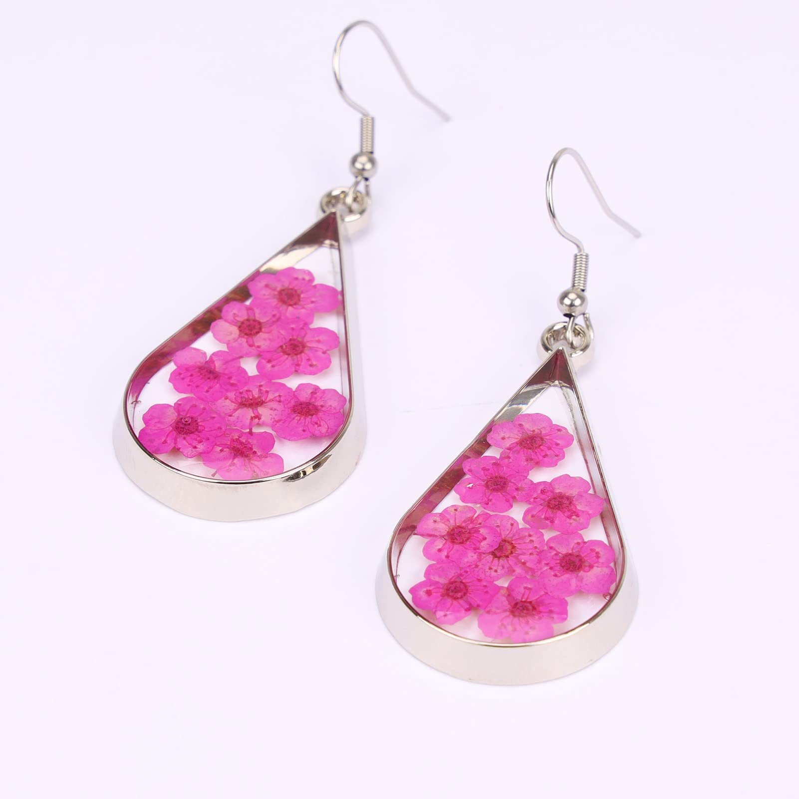 BaubleStar Pressed Dry Flower Hot Pink Teardrop Earrings Natural Dried Flowers Drop Dangle Silver Fashion Jewelry for Women