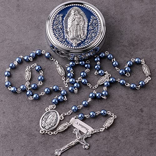 HanlinCC 6mm Glass Pearl Beads Catholic Our Lady of Guadalupe Rosary Necklace for Women and Men with Metal Gift Box (Guadalupe Rosary Blue, Zinc Alloy)