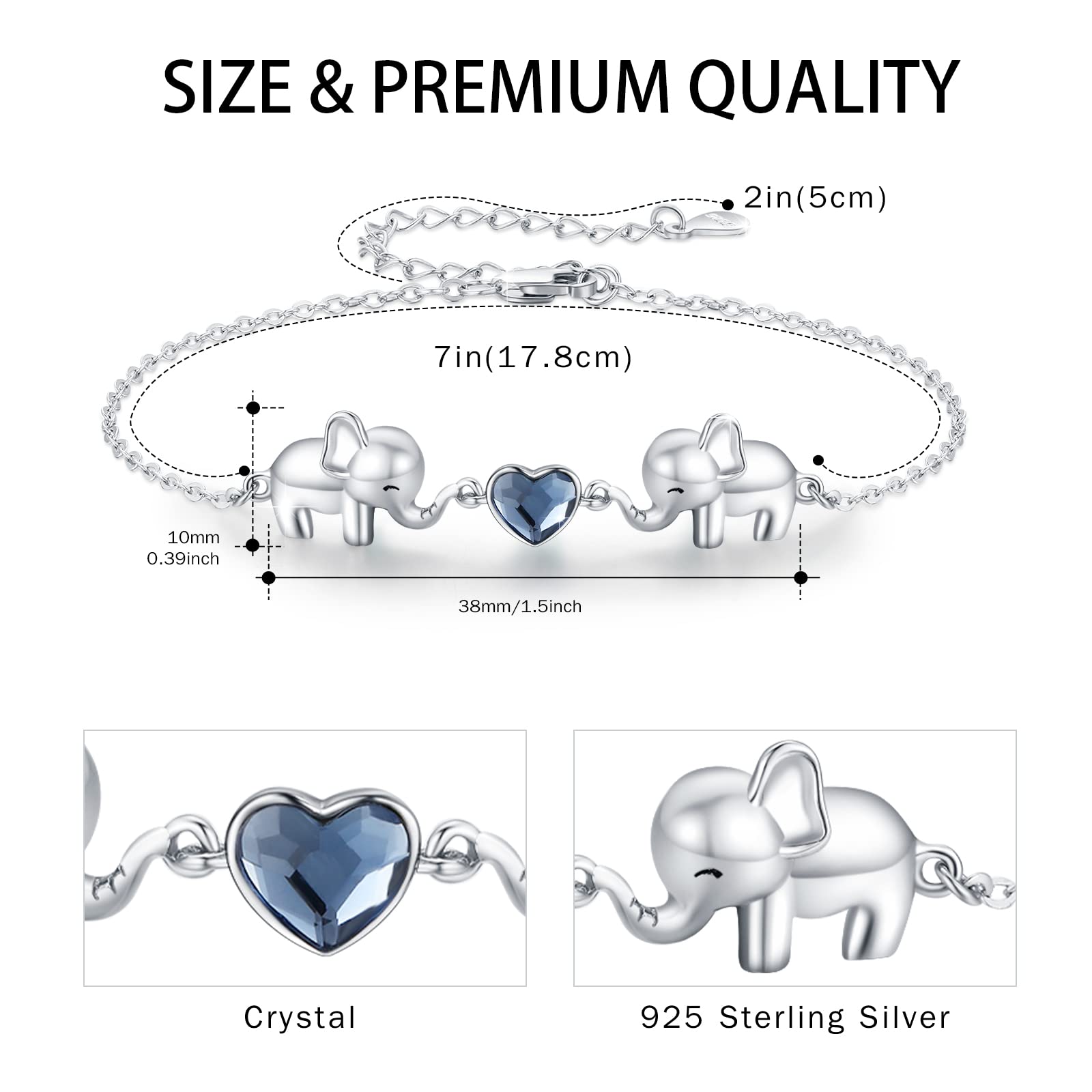 CUOKA MIRACLE Elephants Bracelet 925 Sterling Silver Elephants Hearth Crystal Adjustable Bracelets Cute Animal Bracelet Heart Adjustable Bracelet Jewelry Gifts for Women Mom Best Friend