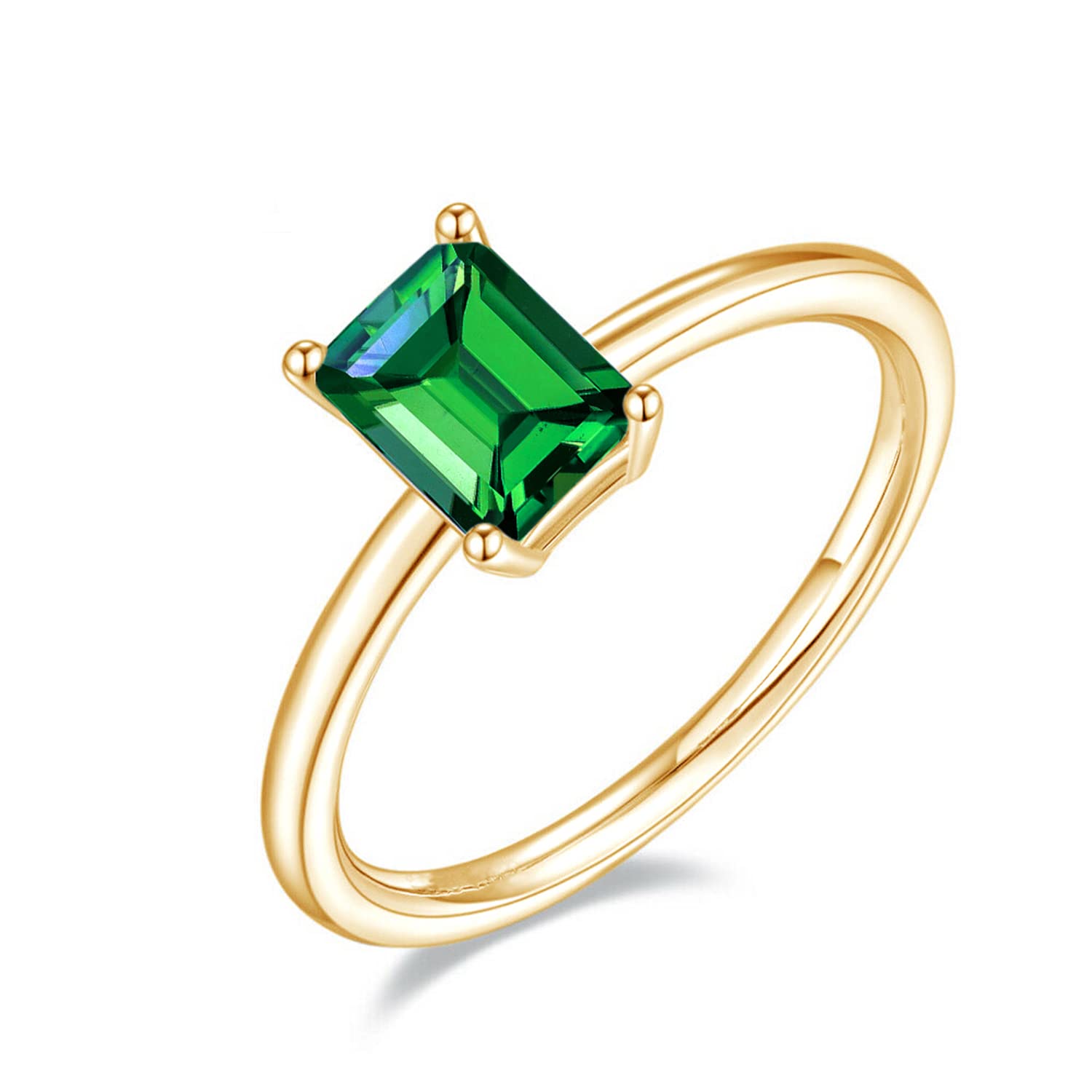 AFFY 6x8MM Emerald Cut Simulated Green Emerald Solitaire Ring in 14K Yellow Gold Over Sterling Silver (2.50 Carat) Ring Size-7