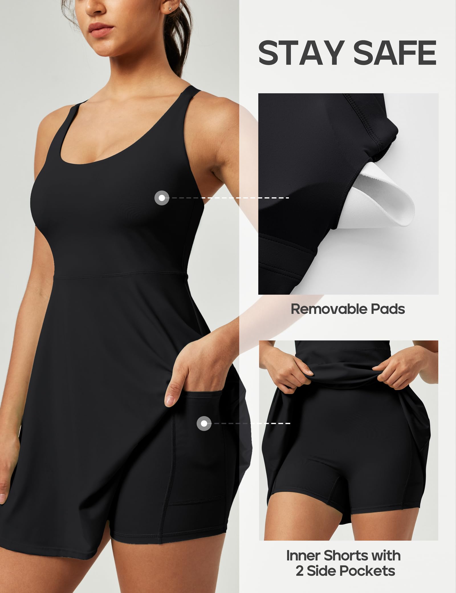 Womens Tennis Dress with Shorts Underneath Workout Dress with Built-in Bra Athletic Dresses Golf Dress Exercise Dress Black