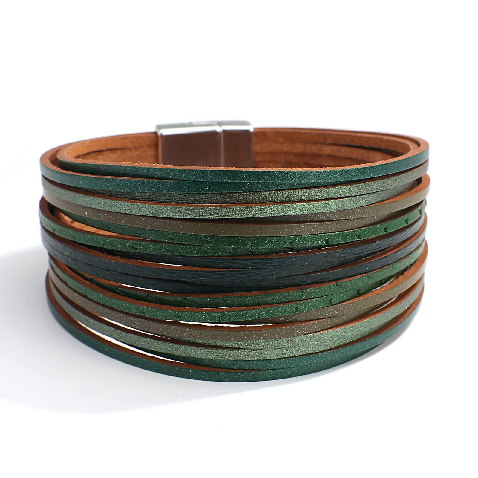 hotoo Handmade Layered Green Leather Bracelets Wrap for Women Stackable Chunky Colored Men Cuff Bracelet Wristband Bangle Gifts