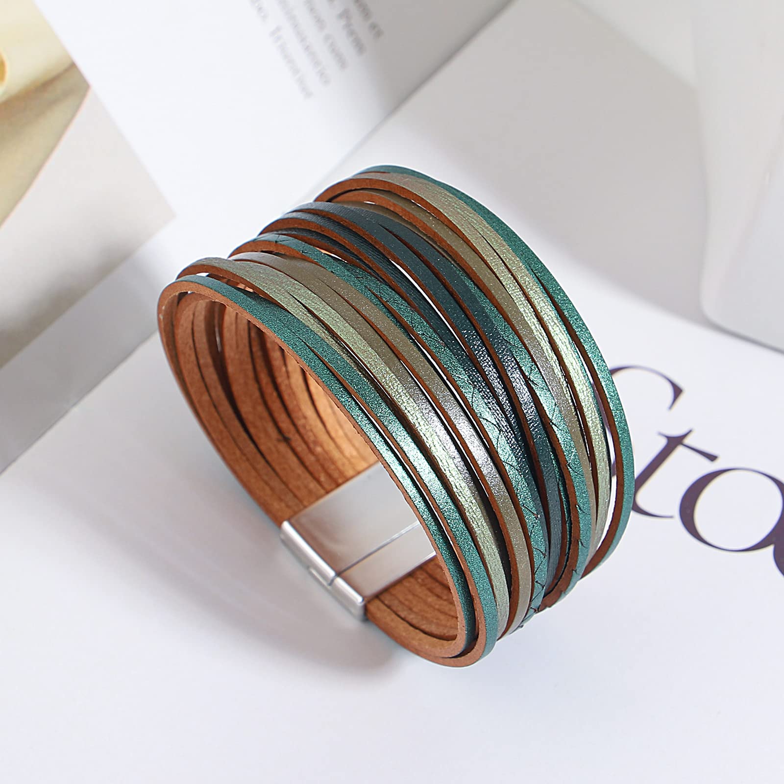 hotoo Handmade Layered Green Leather Bracelets Wrap for Women Stackable Chunky Colored Men Cuff Bracelet Wristband Bangle Gifts