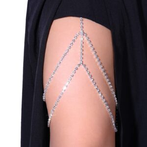 Rhinestone Layered Thigh Chain Rhinestone Bridal Body Chain Elastic Crystal Leg Chain Thigh Chain Jewelry for Women Party (Silver)