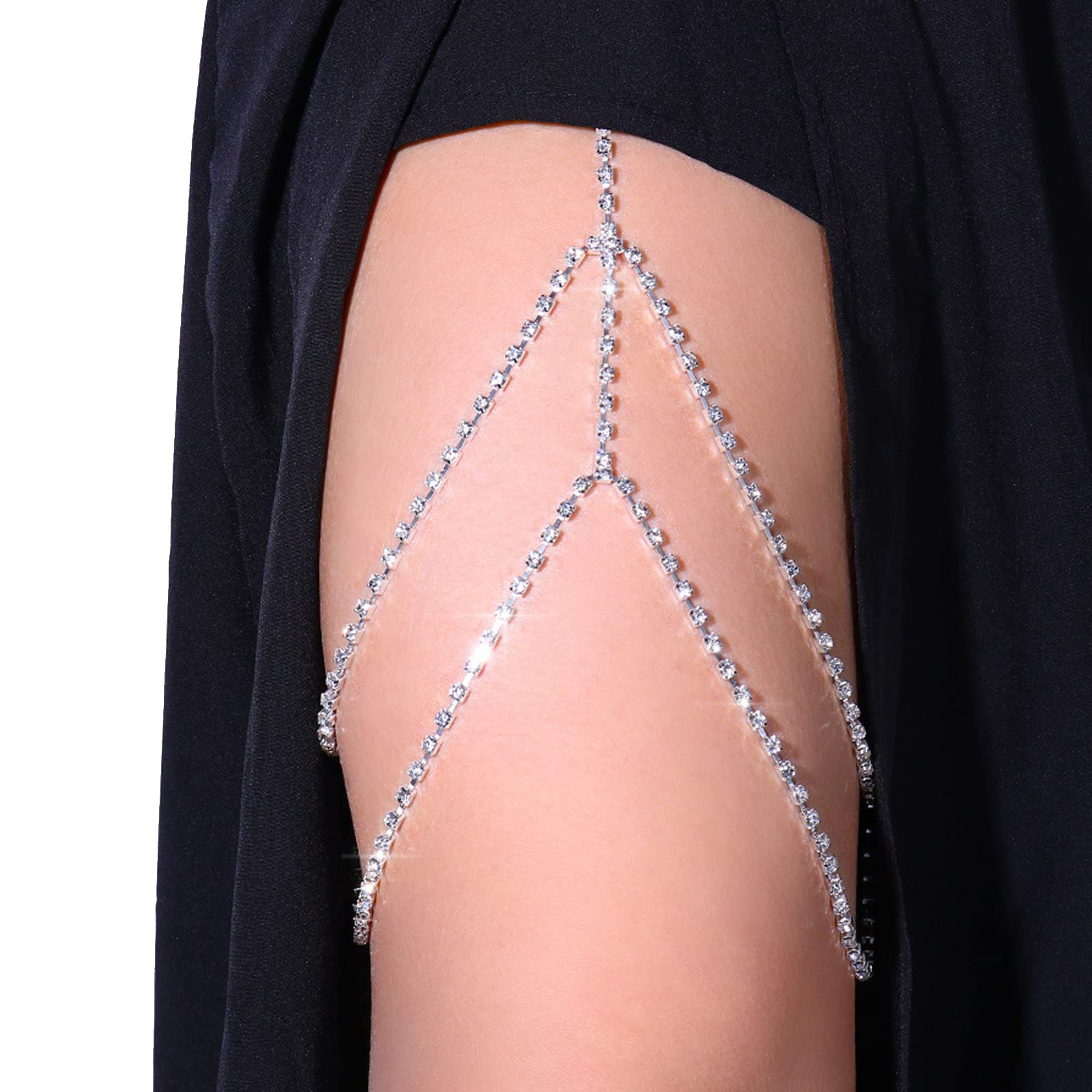 Rhinestone Layered Thigh Chain Rhinestone Bridal Body Chain Elastic Crystal Leg Chain Thigh Chain Jewelry for Women Party (Silver)