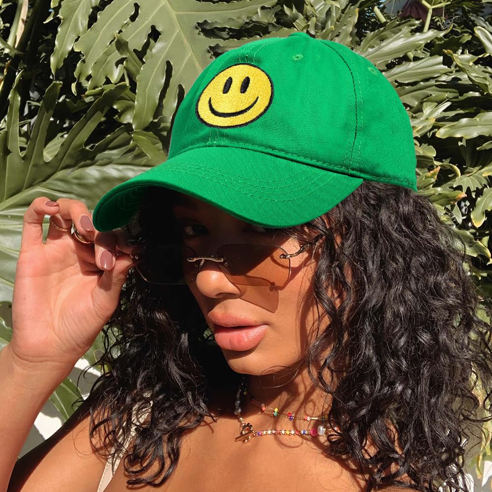 SONMONY Smile Face Baseball Hat Washed Dad Hat for Men Women Cute Baseball Caps Unstructured Smile Embroidered Hat Green