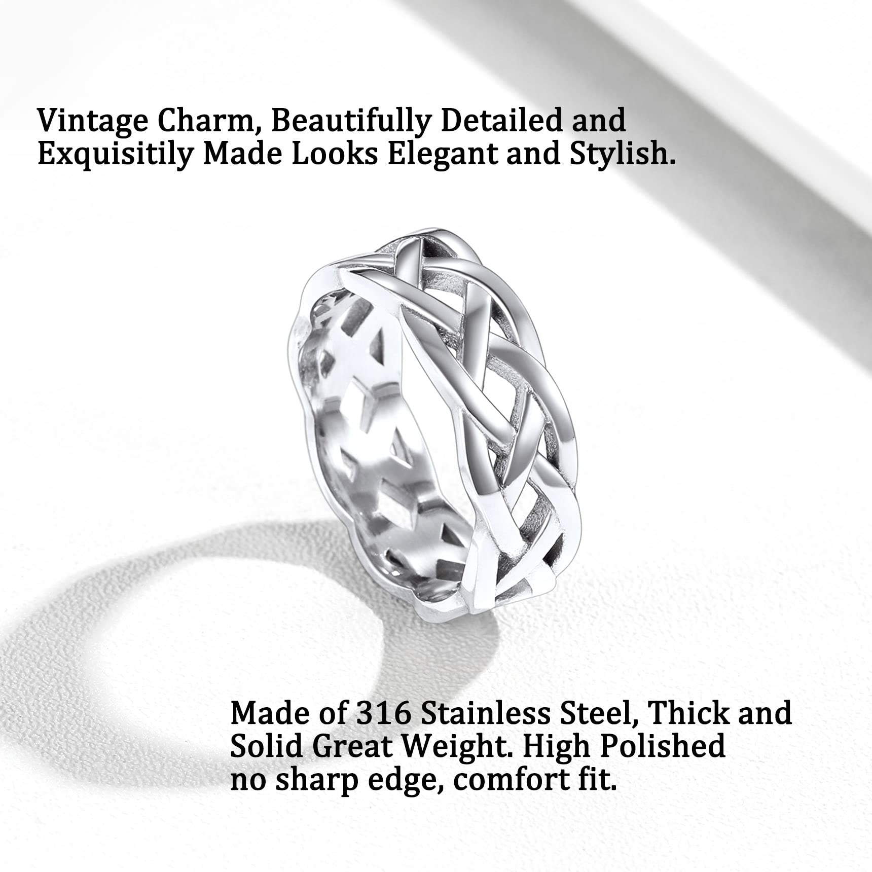 Bestyle Stainless Steel 7mm Wide Celtic Trinity Knot Eternity Wedding Engagement Band Ring, Solid Thick Irish Celtic Trinity Flower Finger Ring Stackable, Size 7