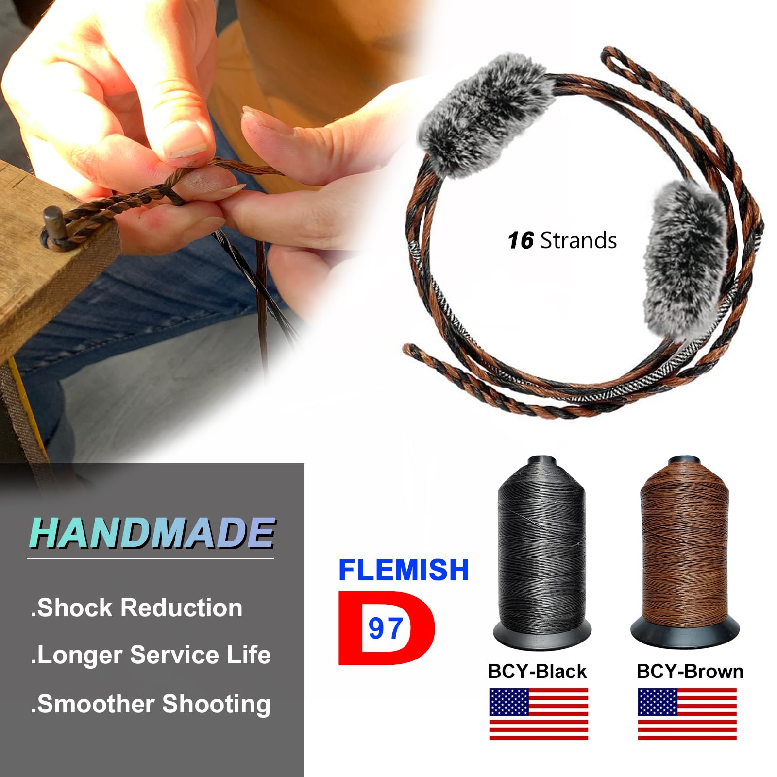 TACHYON ARCHERY Bow String Silencer Replacement for Traditional and Recurve Bow, Handmade Flemish D97 Bowstring with 1 Pair Rabbit Fur to Reduce Vibration and Noise 16 Strand 56-68 inches