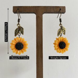 JIUIQL Handmade Resin 3D Sunflower Daisy Flower Dangle Drop Earrings Vintage Silver Leaf Bohemian Little Daisy Flower Hook Earring for Women Cute Elegant Summer Boho Jewelry (Vintage Gold)