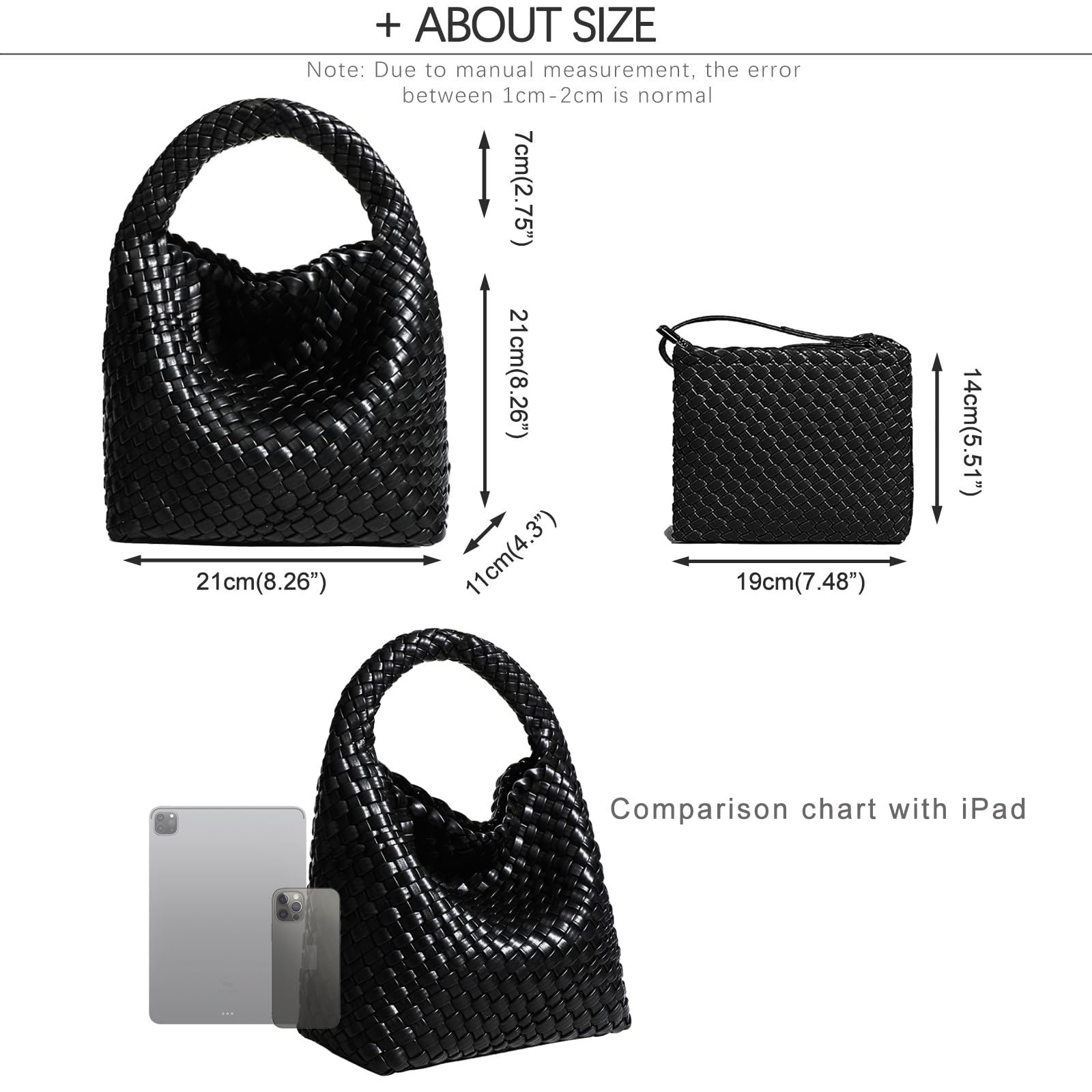 Handmade Woven Shoulder Bags for Women Cute Hobo Tote Handbag Mini Clutch Purse with Magnetic Buckle Crossbody Phone Bag (Black)