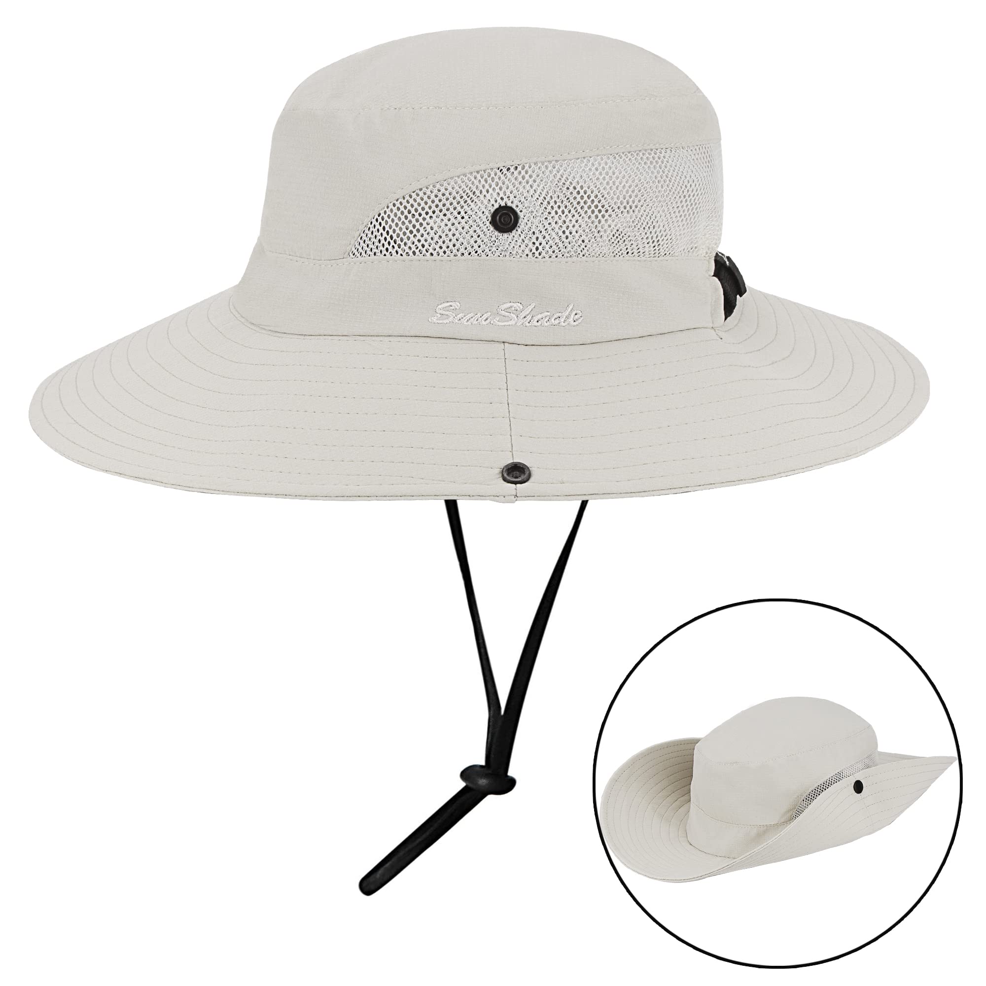 Women's Outdoor UV-Protection-Foldable Sun-Hats Mesh Wide-Brim Beach Fishing Hat with Ponytail-Hole (Beige)