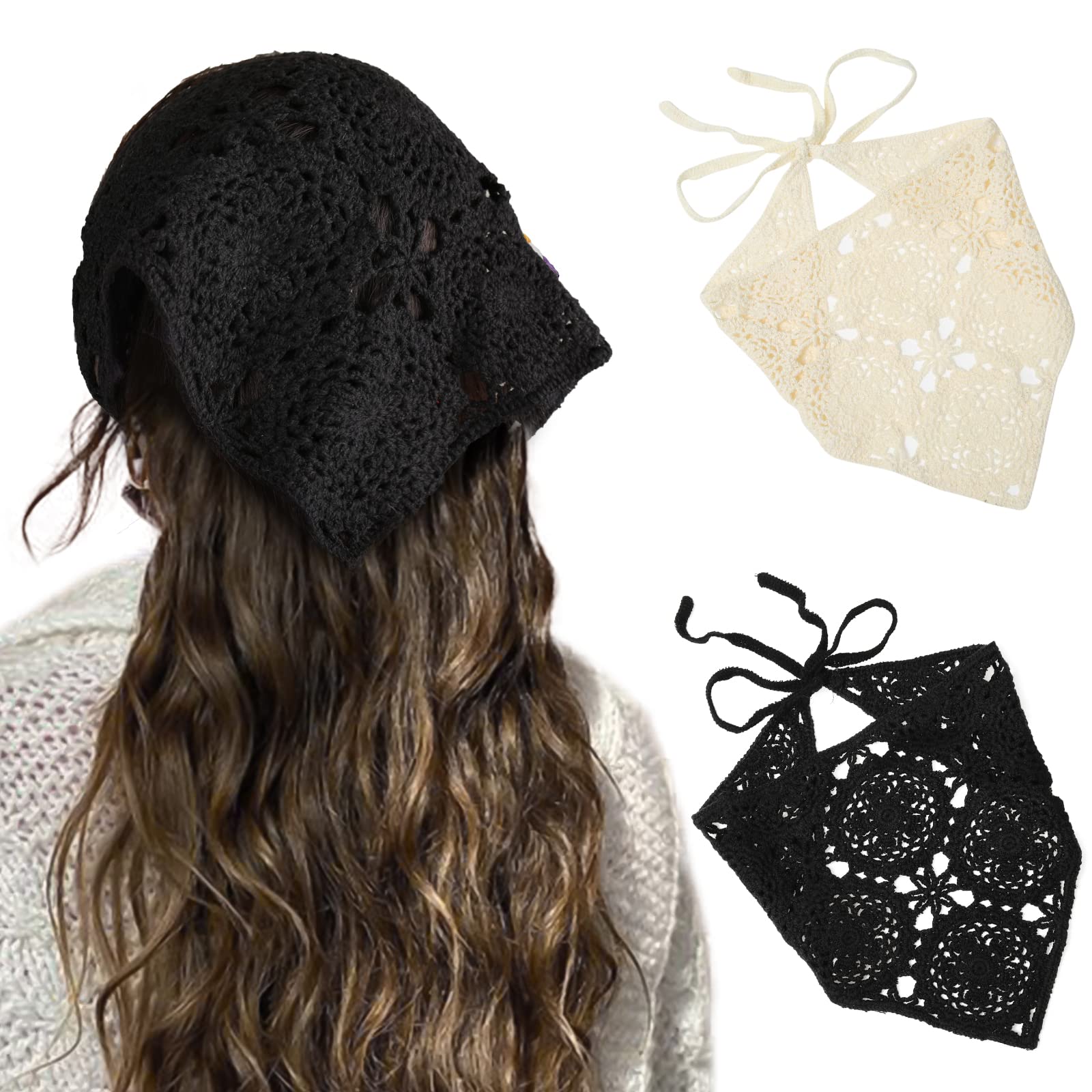 HAIMEIKANG Floral Crochet Hair Bandanas Headscarf 2 PCS Women Hair Scarf Daisy Headband Vintage Head Kerchief for Girls(Black+Beige)