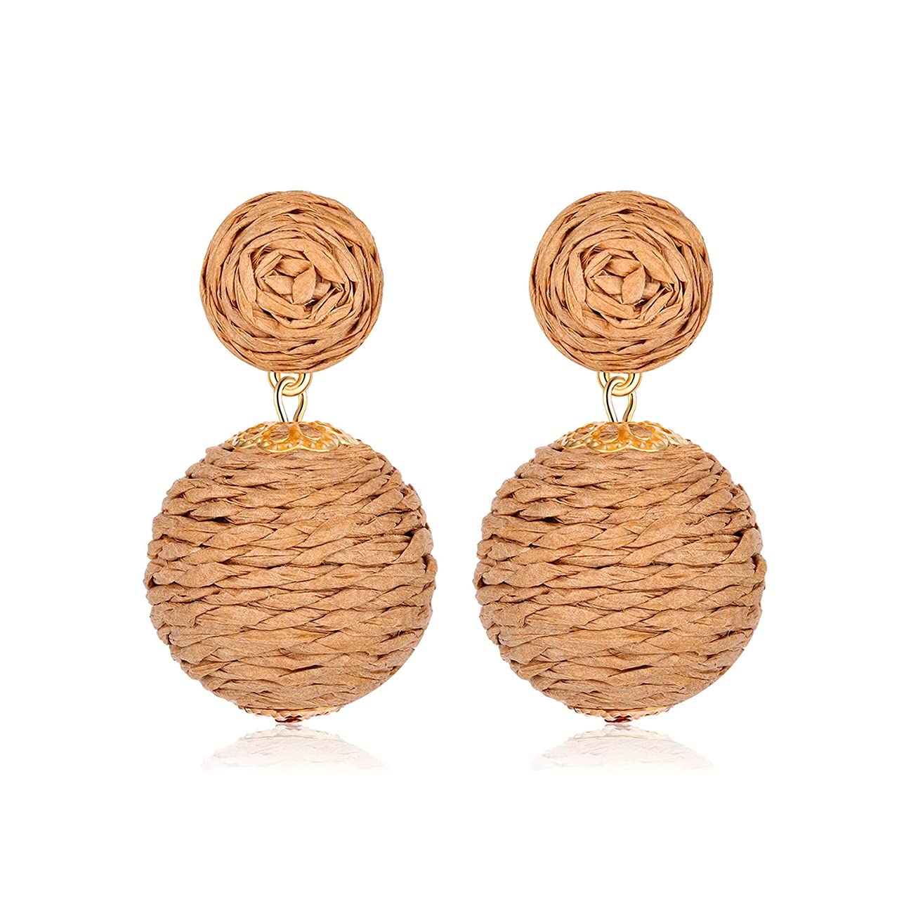 Statement Raffia Earrings, Boho Handmade Straw Rattan Drop Earrings, Geometric Raffia Lantern Dangle Earrings for Women Summer Beach Jewelry (Brown)