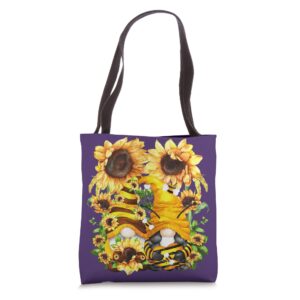 honey bee and sunflower spring gnome for women floral purple tote bag