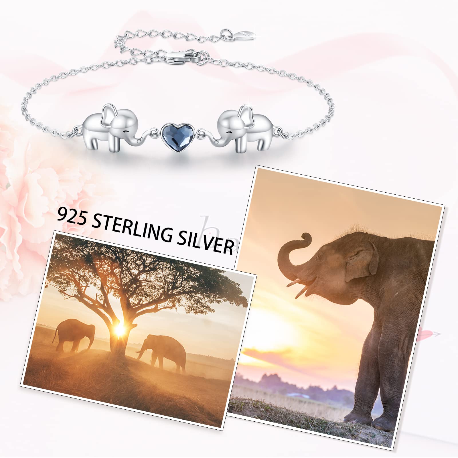 CUOKA MIRACLE Elephants Bracelet 925 Sterling Silver Elephants Hearth Crystal Adjustable Bracelets Cute Animal Bracelet Heart Adjustable Bracelet Jewelry Gifts for Women Mom Best Friend