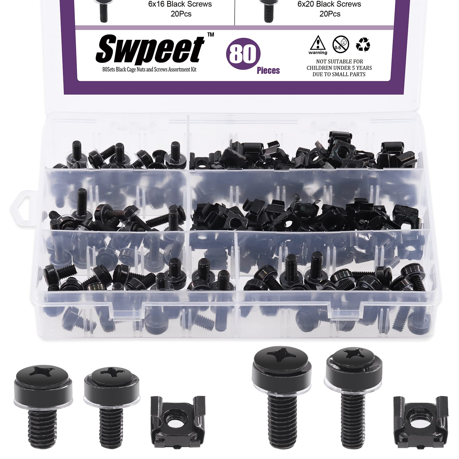 Swpeet 80Packs 4 Sizes M5 M6 Black Computer Mount Cage Nuts and Screws with Metal & Plastic Washers Assortment Kit, Square Hole Hardware Cage Nuts & Mounting Screws Washers