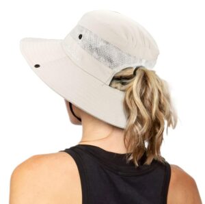 women's outdoor uv-protection-foldable sun-hats mesh wide-brim beach fishing hat with ponytail-hole (beige)