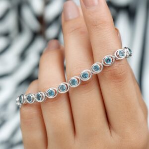 Certified London Blue Topaz Tennis Bracelet For Women, AAA Quality, December Birthstone Bracelet, 14K White Gold, 6.5 inches