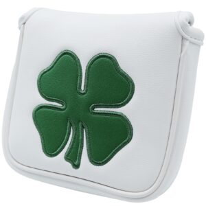 Gbourly Golf Club Lucky Shamrock Square Mallet Putter Cover Magnetic Heel Shaft PU Leather Headcover (White Shamrock)