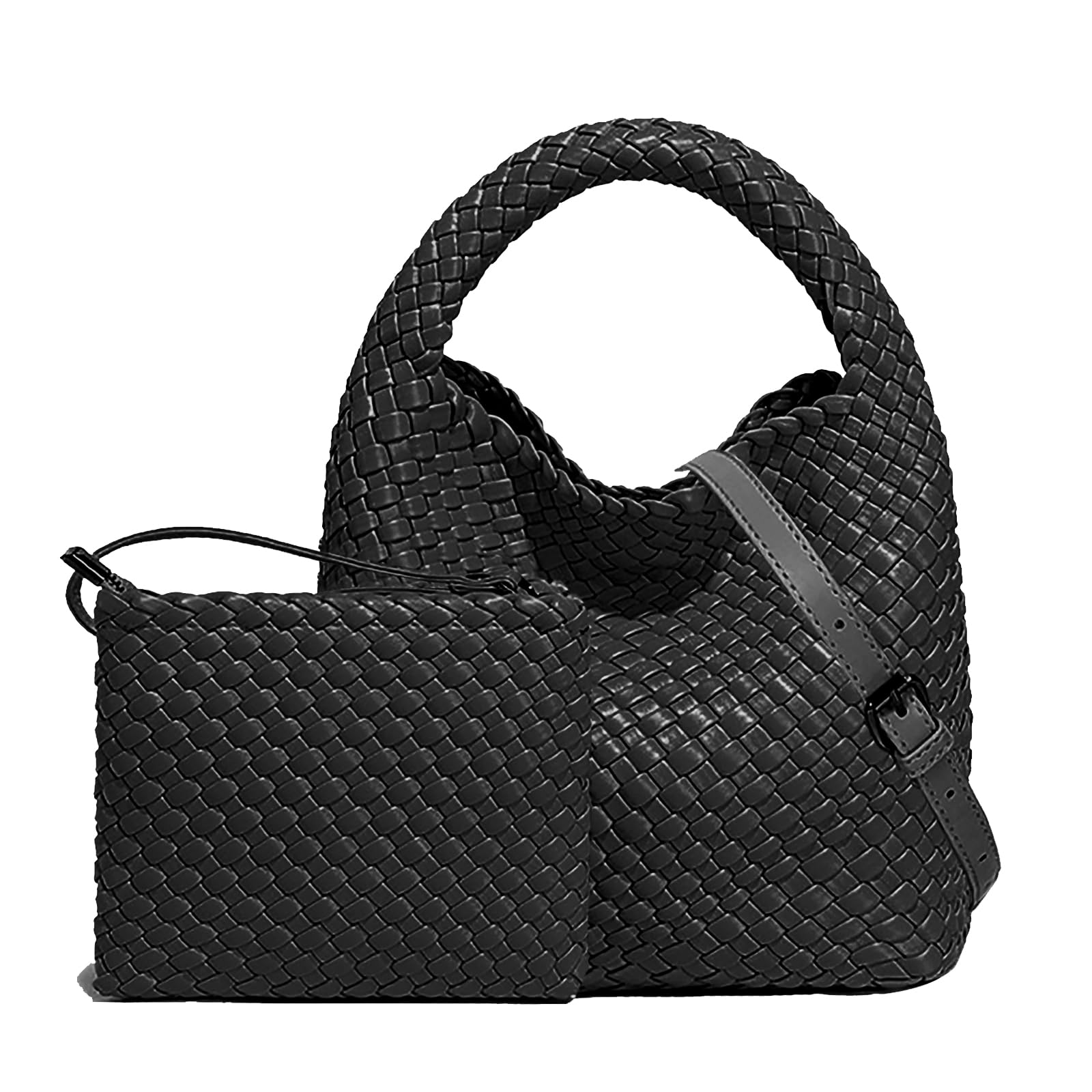 Handmade Woven Shoulder Bags for Women Cute Hobo Tote Handbag Mini Clutch Purse with Magnetic Buckle Crossbody Phone Bag (Black)